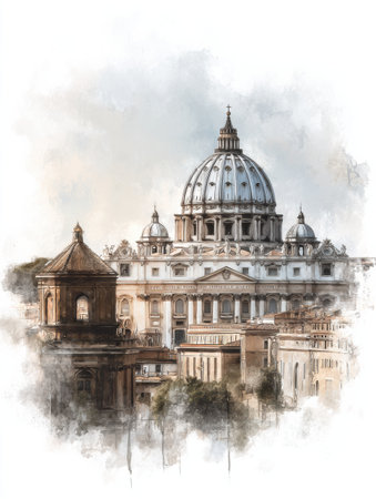 Watercolor of Vaticans dome, showcasing its details, set in a serene landscape with blank space for creative inspiration.の素材