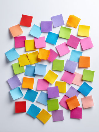 Colorful stickers in various shapes are spread across a clean white background, creating a cheerful display perfect for crafting or organizing.の素材