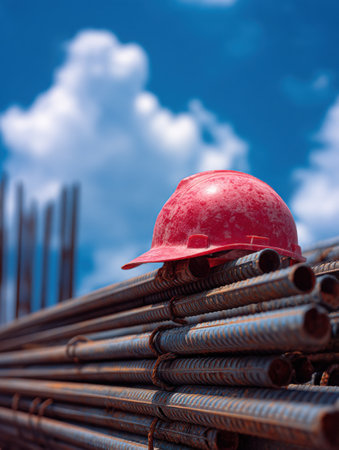 Safety hard hat placed on a stack of rebar, showcasing a construction site under a bright blue sky with fluffy clouds overhead.の素材