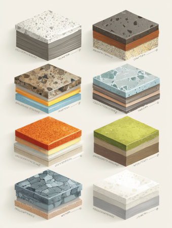 illustration showcases various labeled building materials for construction, displaying multiple layers and textures important for builders and designers.の素材