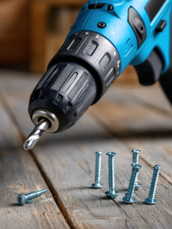 A power drill is positioned prominently with a drill bit ready for use. Several screws lie on a rustic wooden surface, indicating a project underway.の素材