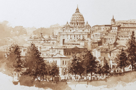 Artistic depiction of the Vatican landscape showcases historic buildings and lush greenery, creating a tranquil atmosphere accentuated by a faded upper section.の素材