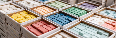 A pallet displays neatly organized boxes of colorful tile spacers, including shades of pink, green, blue, and yellow, at a supply warehouse.の素材