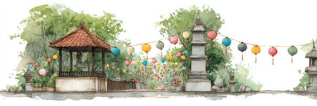 Vibrant lanterns decorate a Vesak shrine in a peaceful location, showing the beauty of the moment and the significance of the celebration.の素材