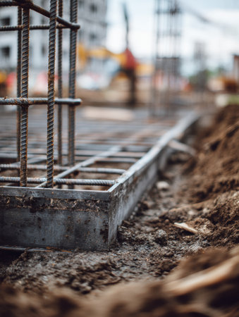 Steel foundation frame is being constructed in a busy area with construction workers and equipment visible in the blurred background.の素材