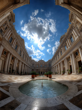 Vibrant view of the Vatican courtyard featuring elegant architecture, a reflective fountain, and soft HDR lighting that enhances the serene atmosphere.の素材