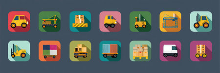 Various flat icons illustrate essential elements of construction logistics and packaging, showcasing vehicles and equipment in a cohesive design.の素材