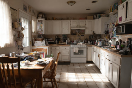 Cluttered family kitchen shows a variety of unsafe items labeled, with sunlight glowing through a window onto scattered dishes and utensils.の素材