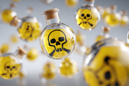 Symbols of poison gas hover above a precarious mix of chemicals, emphasizing the risks in a laboratory environment that requires caution and safety measures.の素材