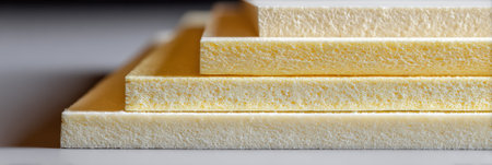 Layered foam insulation boards stacked, showing thickness and texture with the top third exposed, revealing manufacturing details in a workshop.の素材