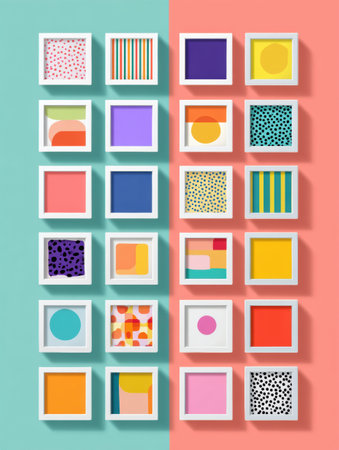This sticker grid features a vibrant collection of patterns and shapes arranged neatly in a minimal flat style, ideal for design inspiration and presentation.の素材
