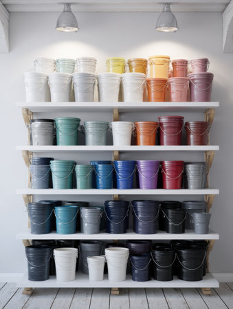 Buckets of facade paint line shelves under bright spotlights, displaying a vibrant array of colors, ready for selection in a well-organized setting.の素材