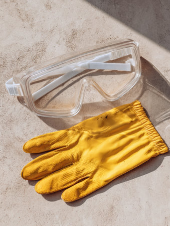 Safety goggles and yellow gloves rest on a neutral surface, ready for use in tasks requiring eye and hand protection, ensuring user safety.の素材