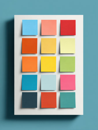 This stylish sticker grid features a variety of vibrant colors arranged in a clean layout. Ideal for use in design work and creative presentations.の素材