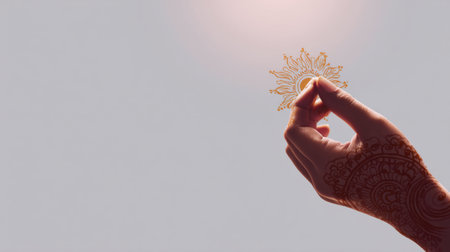 A hand adorned with henna art delicately places sindoor on the hair parting, symbolizing tradition and marital status in a serene and light-filled setting.の素材