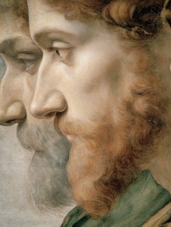 Close-up view of the Sistine Chapel ceiling highlighting detailed profile faces with distinct features and textures, illuminated in soft light.の素材