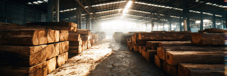 Warm sunlight beams cast a glow on neatly arranged timber logs inside a warehouse, showcasing the woods natural textures and colors.の素材