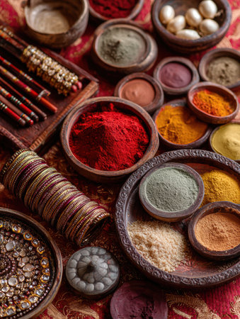 A collection of sindoor, colorful spices, and decorative bangles arranged beautifully on a rich textile, illustrating cultural traditions and artistry.の素材