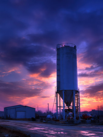 Cement silo and mixer silhouette under a dramatic sunset, showcasing vibrant colors and a peaceful industrial setting at dusk.の素材