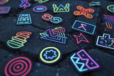 Colorful retro 80s-style neon stickers are arranged on a dark surface, highlighted by a gentle light from the left, showing their vibrant designs.の素材