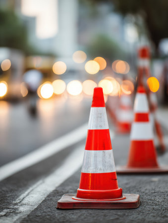 Bright orange warning cones and signs are placed along the street as vehicles slowly pass through the active roadwork area, creating a safety barrier.の素材