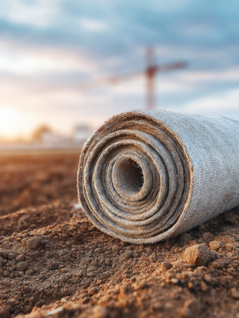 Geotextile fabric is rolled out on the ground at a construction site, showcasing preparation for foundation works against a faded sky at sunset.の素材