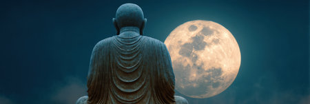 Buddha statue viewed from behind under a bright full moon, conveying peace and tranquility in the calm night sky.の素材