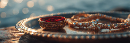 Glimmering sindoor rests in a circular bowl on a decorative tray, surrounded by shining bangles that reflect soft bokeh lights and a faded sky backdrop.の素材
