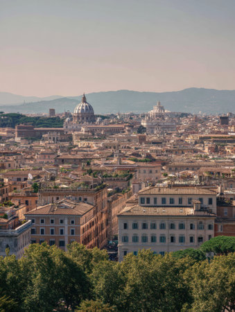 View over Rome highlights the urban skyline with the iconic Vatican in the background, featuring beautiful architecture and distant hills.の素材
