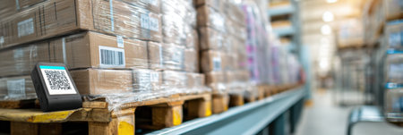 Pallets of materials are in a bright warehouse, with barcode scanners in the foreground for efficient inventory management.の素材
