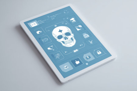 Healthcare mockup displays various icons such as skull, medicine, and security lock, emphasizing digital health technology concepts on a white background.の素材