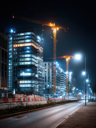 Bright backlights illuminate ongoing construction at a dynamic site with cranes and modern architecture under a night sky. The right side remains empty.の素材
