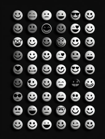 A grid of monochrome emojis displays an array of facial expressions against a dark backdrop, inviting interpretations of emotions in a minimalist style.の素材