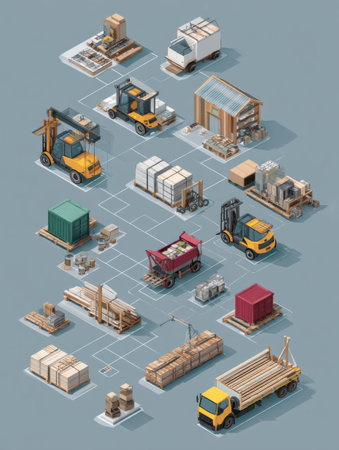Visual supply chain of construction materials, transport vehicles, and storage areas, highlighting logistics in building activities.の素材