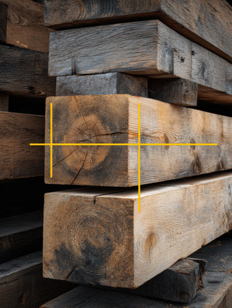 Wooden beams stacked closely together reveal intricate details and measurement lines, emphasizing craftsmanship and the raw beauty of timber.の素材