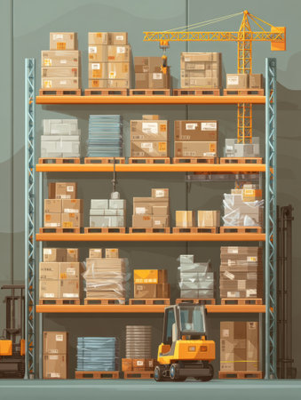 Tall shelves filled with various packed construction goods stand in a warehouse, while a fork truck maneuvers nearby, ready to transport items.の素材