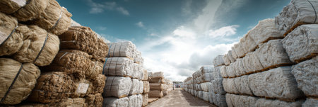 Materials for insulation are neatly stacked on a construction site, with an open sky providing bright daylight, indicating active work conditions.の素材