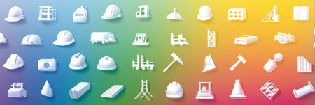 icons of construction materials on a soft gradient background, perfect for creative uses in construction and design.の素材
