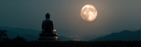 A peaceful Buddha statue is positioned facing the full moon, surrounded by mountains and a calm night sky, creating a moment of reflection and serenity.の素材