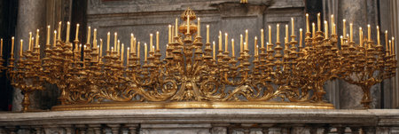 Exquisite golden candelabra displays ornate details in the papal chapel, illuminating the sacred space with its elegant design and soft candlelight.の素材