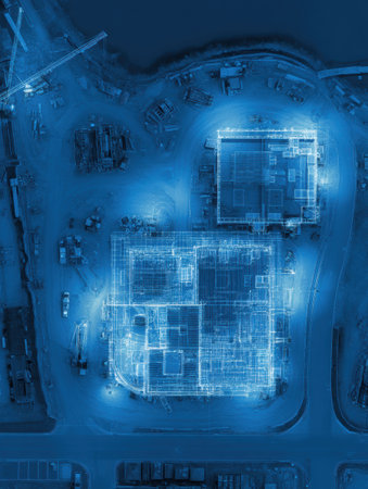 The blueprint overlay shows the construction layout at twilight, highlighting two main buildings and an empty top zone.の素材
