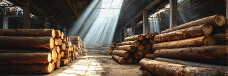 Sunlight streams through the warehouse roof, highlighting the stacked timber logs arranged on the floor, showing the wooden textures and colors.の素材