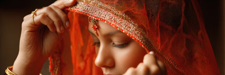 A woman delicately adjusts her veil over sindoor in a cozy atmosphere, embodying cultural rituals and personal beauty during a significant moment.の素材