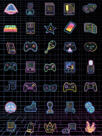 Colorful stickers featuring gaming elements are displayed on a pixel grid backdrop, illuminated from the left side, creating an engaging visual experience.の素材