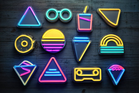 Collection of colorful retro 80s-style neon stickers displayed on a dark surface, with bright illumination from the left creating a playful atmosphere.の素材