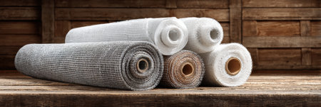 Various rolls of construction mesh sit organized on a wooden table, with a neutral backdrop, indicating a workspace ready for building projects.の素材