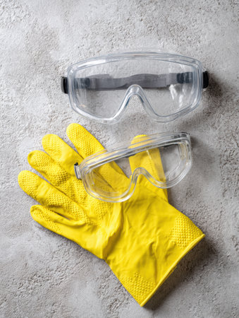 Safety goggles and yellow gloves are neatly placed on a neutral surface, showing essential protective gear for tasks requiring eye and hand safety.の素材