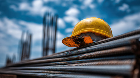 Brightly colored hard hat sits atop a carefully arranged stack of rebar, symbolizing safety in construction under a clear blue sky.の素材