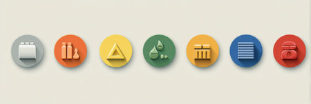Colorful icons display various material categories such as solid, liquid, gas, and more, designed in a sleek infographic style against a neutral backdrop.の素材