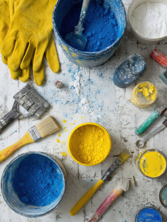 Workbench layout featuring various construction chemicals, scattered tools, and gloves, showcasing a vibrant DIY atmosphere for home improvement projects.の素材